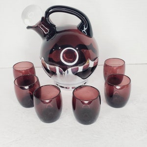 Farber Brothers Krome Kraft & Cambridge Glass Amethyst Tilt Ball Decanter and 6 Cordials