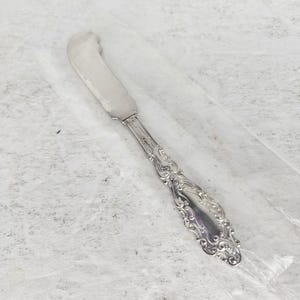May include: A silver butter knife with an ornate, detailed handle. The knife has a slightly curved blade and a pointed tip.
