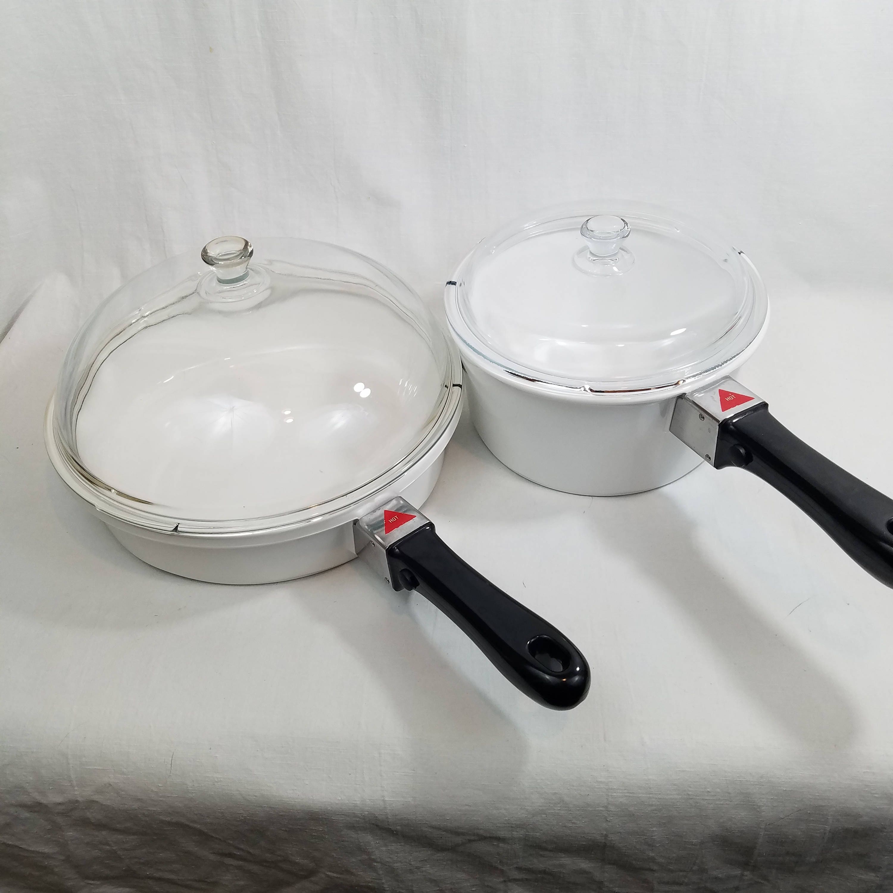 80s Nouveau Princess House 4 Piece Cookware Made in France 10 1/2 Fry Pan  With Dome Lid and 2 Qt. Saucepan With Lid & Black Handles 