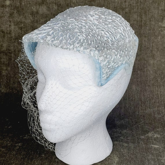 50s/60s Silver Pale Blue Juliet Cap With Netting - image 4