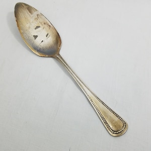 May include: A silver serving spoon with a decorative handle and a slotted head. The spoon has a tarnished finish.