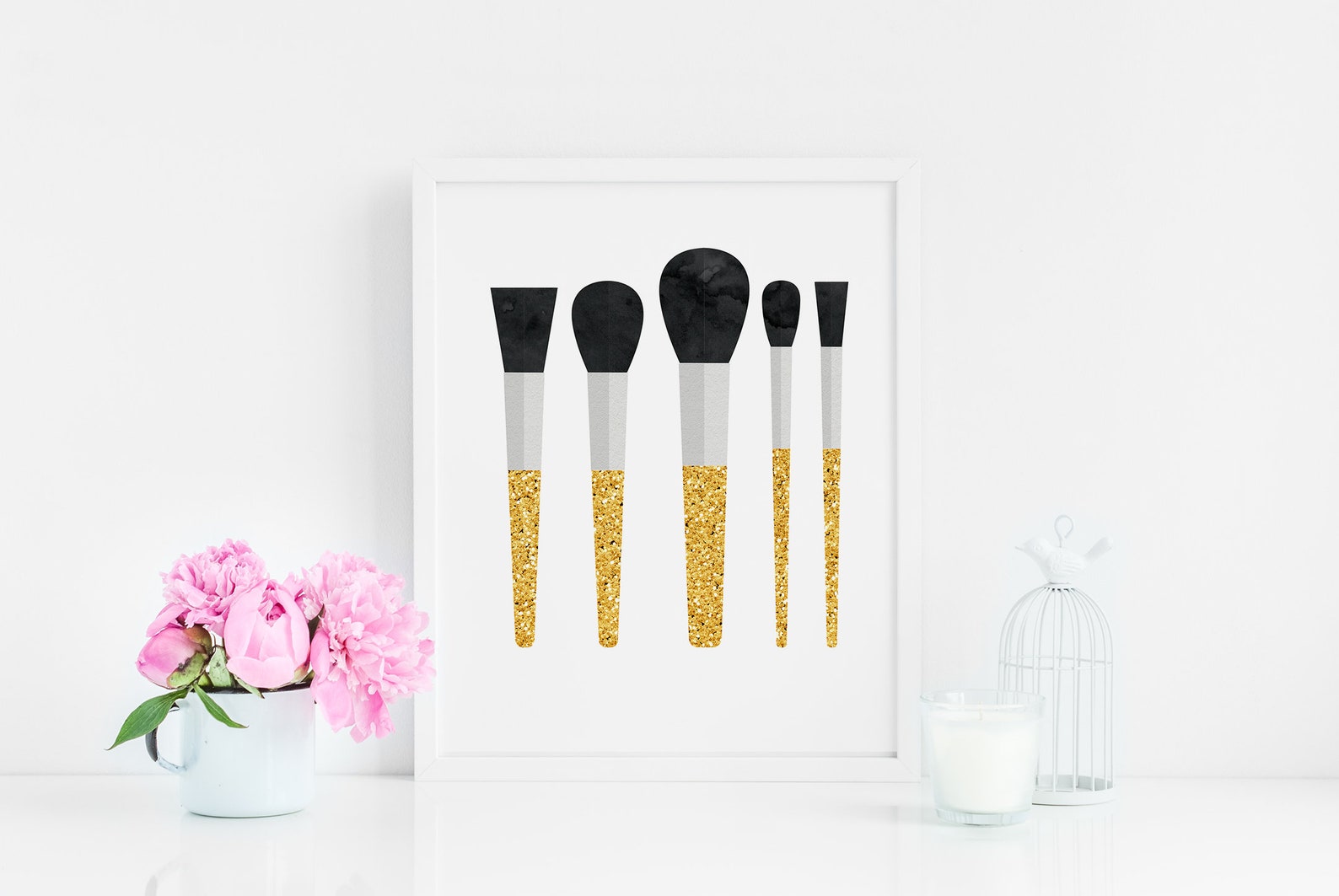 Gold Glitter Art Print Makeup Brushes Art Print Real Glitter Etsy