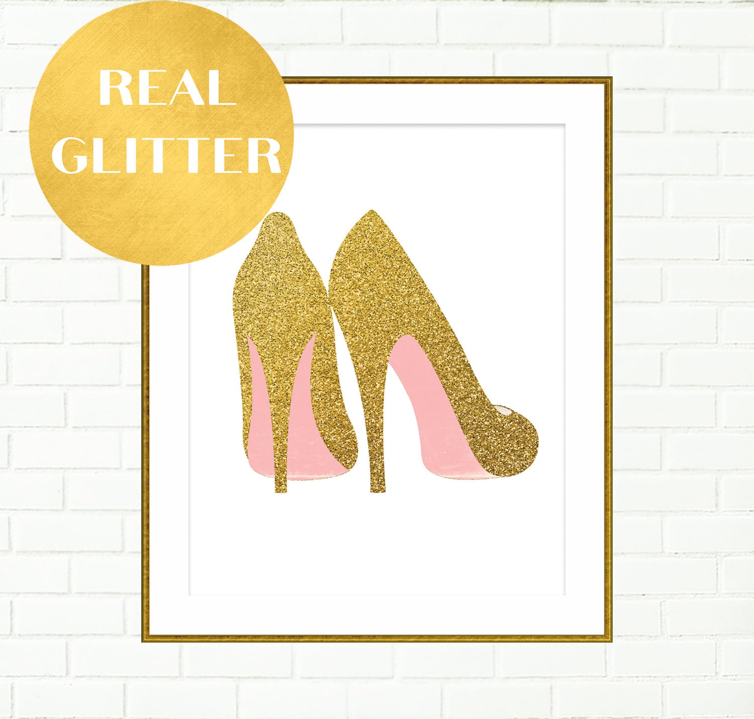 Gold shoes print pink gold wall art vanity wall decor prints high heels illustration gold glitter art prints fashion art prints girlie