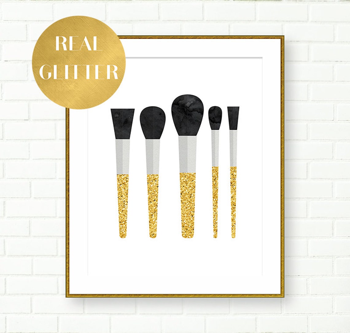 Gold Glitter Art Print Makeup Brushes Art Print Real Glitter Etsy