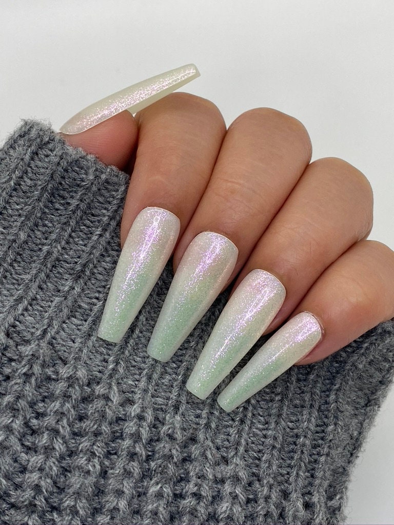 et eller andet sted gå Temerity Pearl Gel Shine Long Ballerina Nails With Iridescent Accents | Etsy