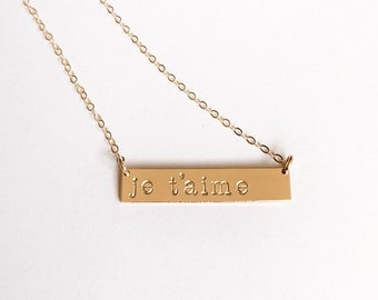 Hand Stamped, Gold-Filled Bar Necklace. "Je T'aime" - I love you in French.