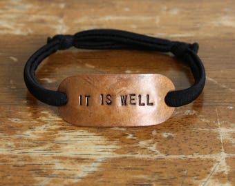 Rustic Hand Stamped Copper Bracelet with Black Stretchy Nylon Band - "IT IS WELL"