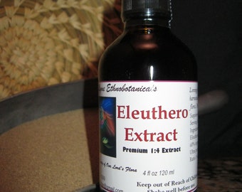 May include: A dark glass bottle with a dropper top, labeled "Eleuthero Extract, Premium 1:4 Extract". The bottle is 4 fluid ounces or 120 milliliters. The label also says "Keep out of Reach of Children. Shake well before use."