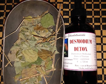 Puede incluir: Una botella de vidrio marrón con una etiqueta negra que dice "Desmodium Detox" y "Desmodium Molliculum Extract/Tincture suplemento dietético 4 oz 120 ml". La botella está sobre una superficie a cuadros marrón y negro. Una pala llena de hojas secas está al lado de la botella.