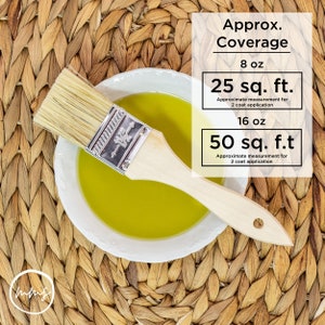 May include: A paintbrush rests in a white bowl filled with a yellow liquid, set against a woven background. The image includes text indicating coverage: 8 oz covers 25 sq. ft., and 16 oz covers 50 sq. ft. for a two-coat application.