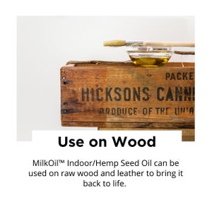 May include: A wooden crate with the text "HICKSONS CANNI" and "PRODUCE OF THE UNITA" is in the image. A small glass bowl with a brush and oil sits on top of the crate. The text "Use on Wood" is also visible.