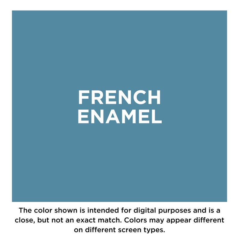 以下が含まれることがあります： 「FRENCH ENAMEL」という白いテキストが書かれた、無地の青いカラーサンプルです。表示されている色はデジタル目的で使用することを意図しており、近似値であり、正確な一致ではありません。色は、異なる種類の画面で異なるように見える場合があります。
