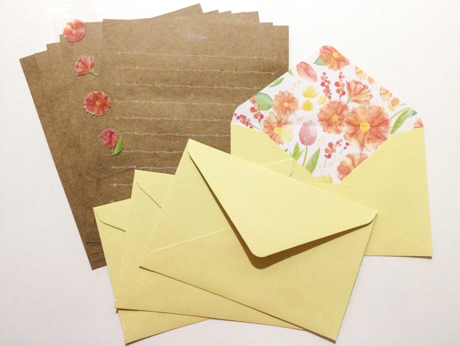 Kraft Paper Floral Letter Set Pretty Stationery Yellow Etsy
