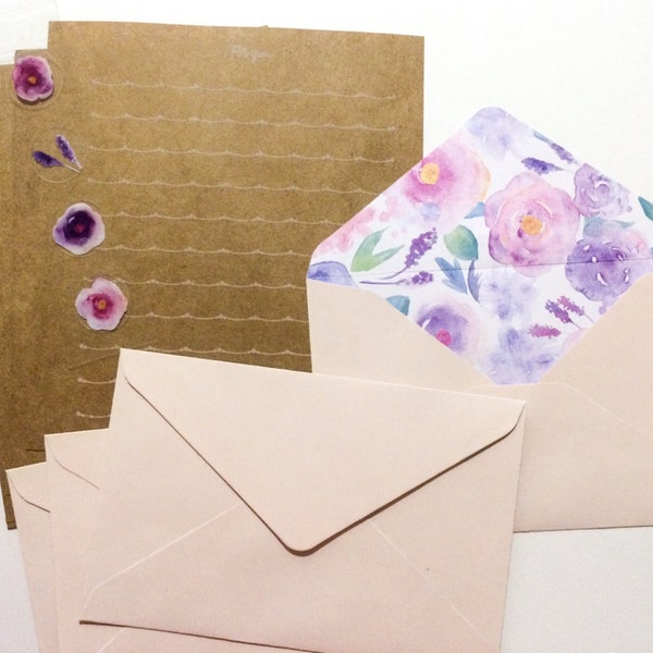 Kraft Paper Floral Letter Set - Pretty Stationery - Pink