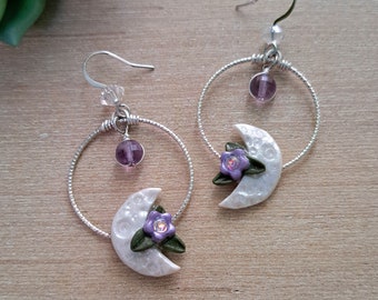 Sterling Silver Amethyst Moon Earrings, Amethyst Crystal Earrings