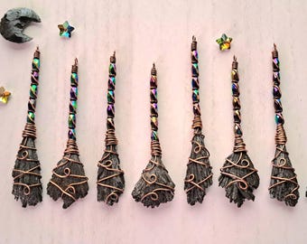 Black Kyanite Witch&#39;s Broom Necklace: Antiqued Copper, Rainbow Beads