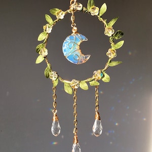 Opalite Moon Suncatcher: Crystal Teardrops, Car Rear View Mirror Charm