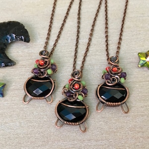 Cauldron Necklace, Crystal Necklace, Halloween Jewelry, Wire Wrapped
