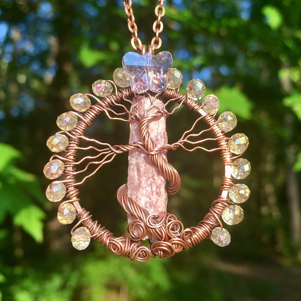 Pink Tourmaline Tree of Life Necklace, Crystal Necklace