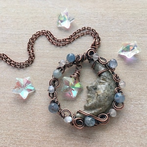 Jasper , Blue Kyanite & Moonstone Crescent Moon Necklace, Crystal Necklace