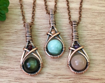 Wire Wrapped Crystal Necklace: Moonstone, Angelite & Obsidian