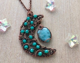 Larimar Crescent Moon Necklace, Crystal Necklace