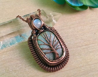 Amazonite Crystal Necklace, Wire Wrapped Tree of Life Crystal Pendant