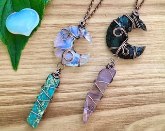 Wire Wrapped Crescent Moon Necklace: Obsidian, Opalite, Jasper, Amethyst