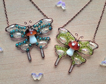 Butterfly Mushroom Necklace, Beaded Butterfly Pendant