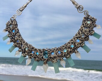 Silver Moonstone, Aquamarine and Blue Topaz Crystal Necklace, Sterling Silver Statement Necklace