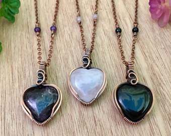 Crystal Heart Necklace, Amethyst, Rose Quartz, Black Obsidian