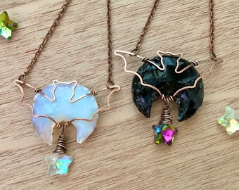 Handmade Crescent Moon Bat Necklace: Obsidian or Opalite, Copper Wire Star