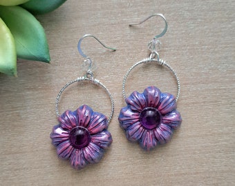 Sterling Silver Amethyst Flower Earrings, Amethyst Crystal Earrings