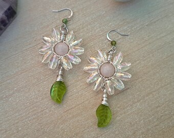 Rose Quartz Daisy Earrings, Crystal Earrings, Wire Wrapped