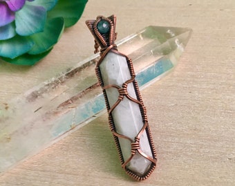 Moonstone & Apatite Crystal Necklace, Wire Wrapped Crystal Pendant