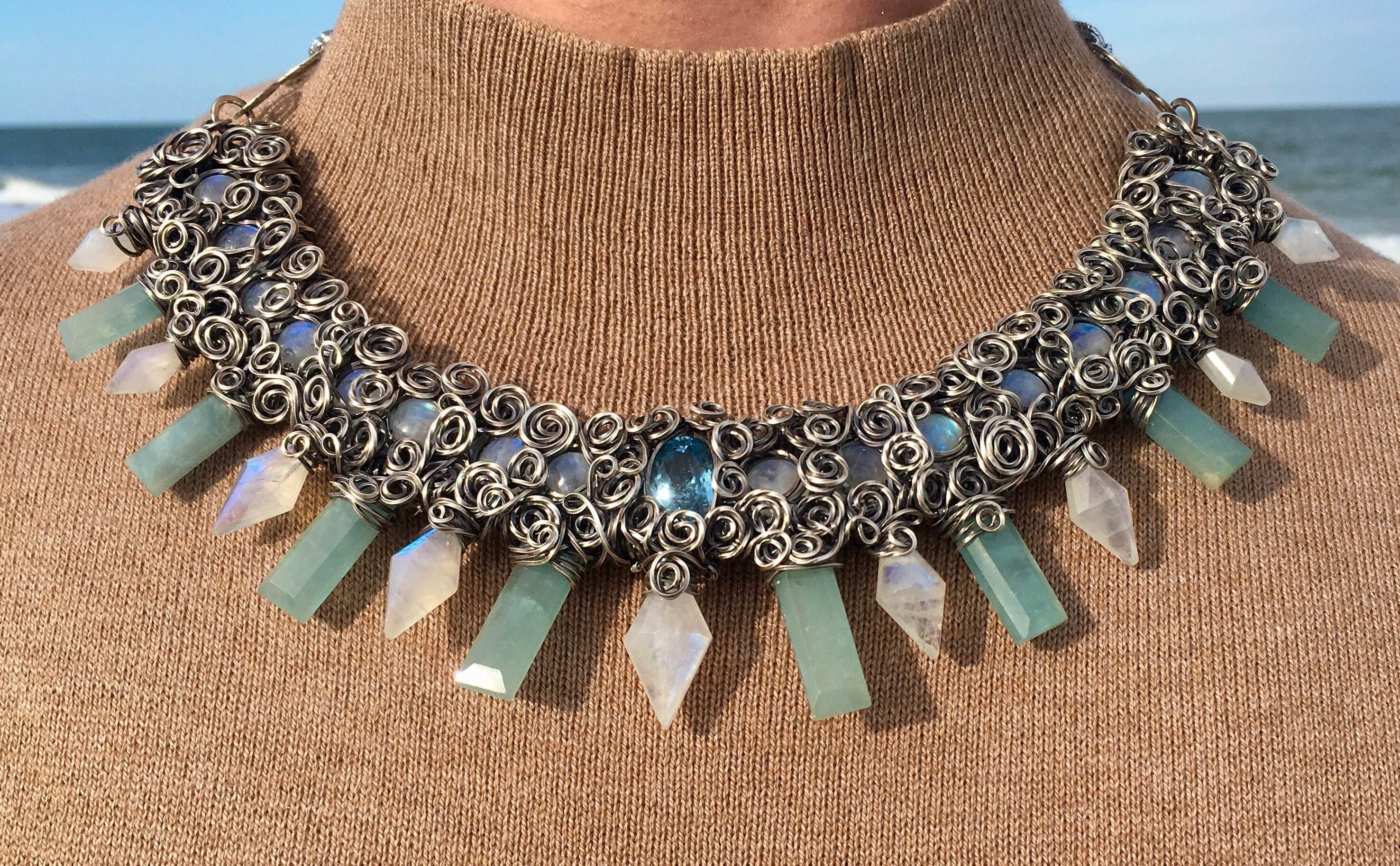 Sterling Silver Crystal Necklace: Moonstone, Aquamarine, Blue Topaz