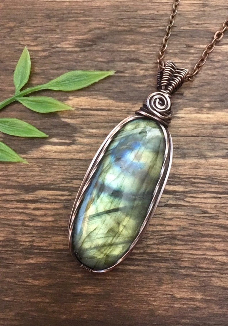 Bohemian Jewelry Labradorite Pendant Healing Stone Green Labradorite Crystal Necklace Gypsy Wire Wrapped Copper Pendant Hippie