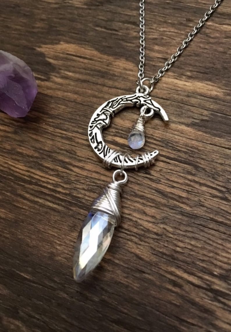 Moonstone Pendant Bohemian Jewelry Crystal Necklace Boho Man in the Moon Celestial Jewelry Crescent Moon Pendant Moonstone Necklace