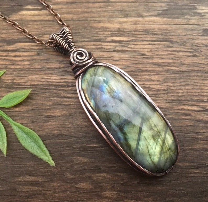 Bohemian Jewelry Labradorite Pendant Healing Stone Green Labradorite Crystal Necklace Gypsy Wire Wrapped Copper Pendant Hippie