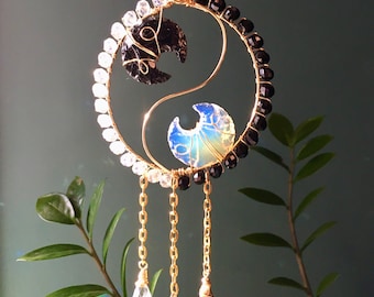 Crystal Moon Suncatcher, Yin & Yang, Car Charm, Rear View Mirror Charm, Opalite, New Car Gift, Crescent Moon Charm, Gift for Her, Boho