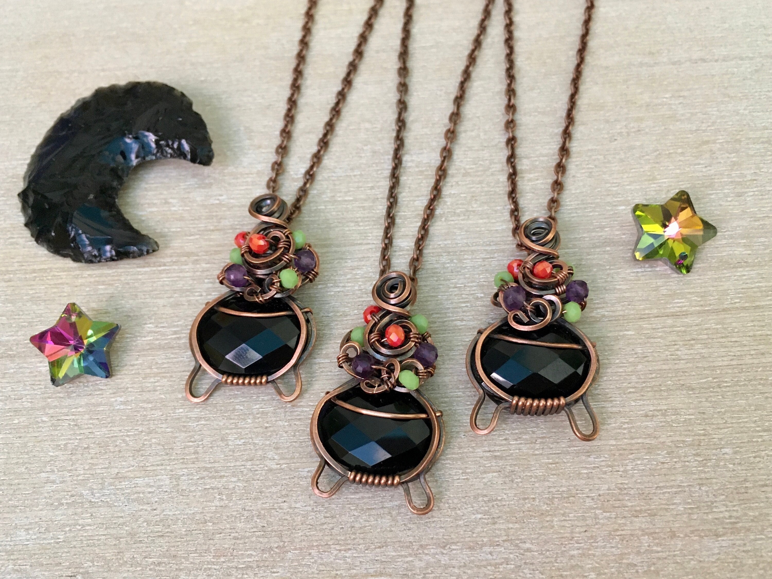 Cauldron Necklace, Crystal Necklace, Halloween Jewelry, Wire Wrapped