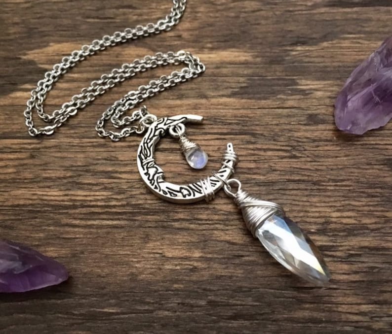 Moonstone Pendant Bohemian Jewelry Crystal Necklace Boho Man in the Moon Celestial Jewelry Crescent Moon Pendant Moonstone Necklace