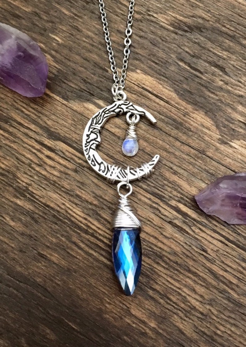 Moonstone Pendant Bohemian Jewelry Crystal Necklace Boho Man in the Moon Celestial Jewelry Crescent Moon Pendant Moonstone Necklace