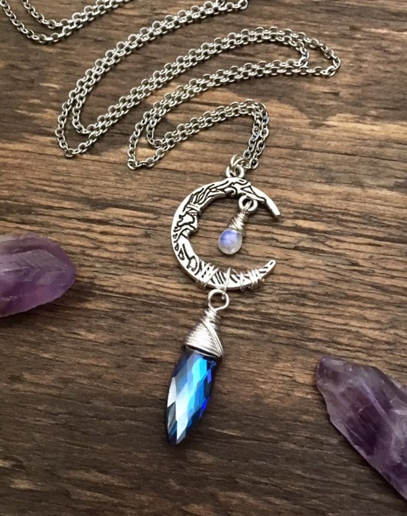 Moonstone Pendant Bohemian Jewelry Crystal Necklace Boho Man in the Moon Celestial Jewelry Crescent Moon Pendant Moonstone Necklace