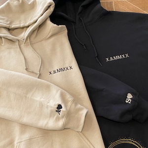 Hoodie Custom Embroidered Roman Numeral Date Initials on Sleeves