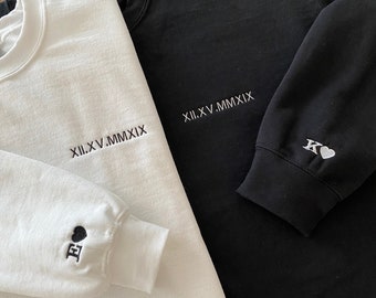 Custom Embroidered Roman Numeral Date + Initials on Sleeves | Couple's Crewneck Sweatshirt