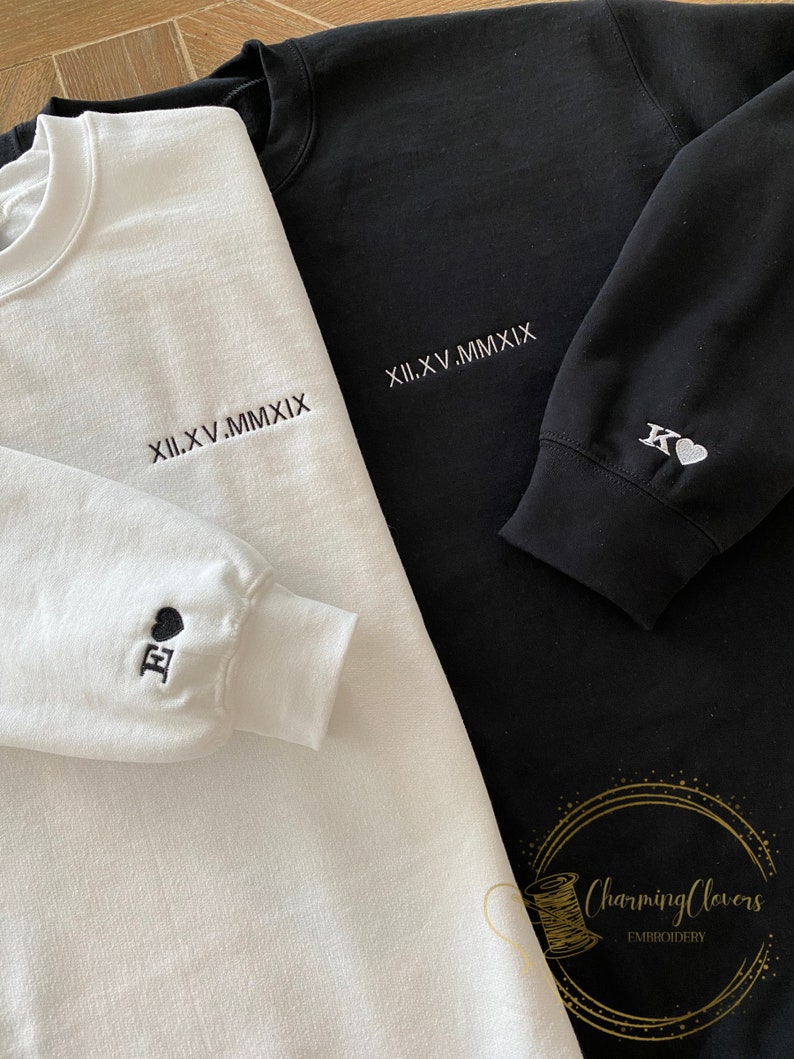 Custom Embroidered Roman Numeral Date + Initials on Sleeves | Couple's Crewneck Sweatshirt 