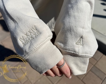 Embroidered Roman Numeral Date  + Initials on Sleeve | Couple's Crewneck Sweatshirt