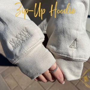 Full-Zip Hoodie | Custom Embroidered Roman Numeral Date + Initials on Sleeves | Couple's Full-Zip Hoodie
