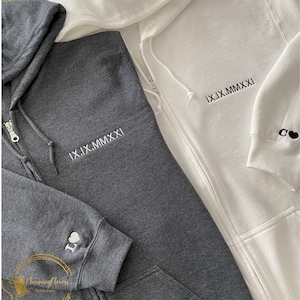 Full-Zip Hoodie Custom Embroidered Roman Numeral Date Initials on Sleeves Couple's Full-Zip Hoodie image 2